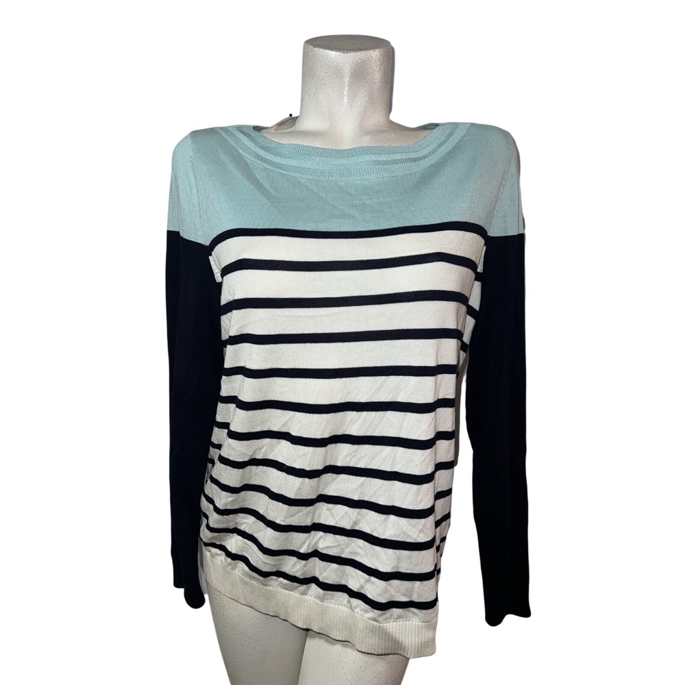 Talbots Womens Striped Colorblock Long Sleeve Knit Sweater Blue Navy White L NWT
